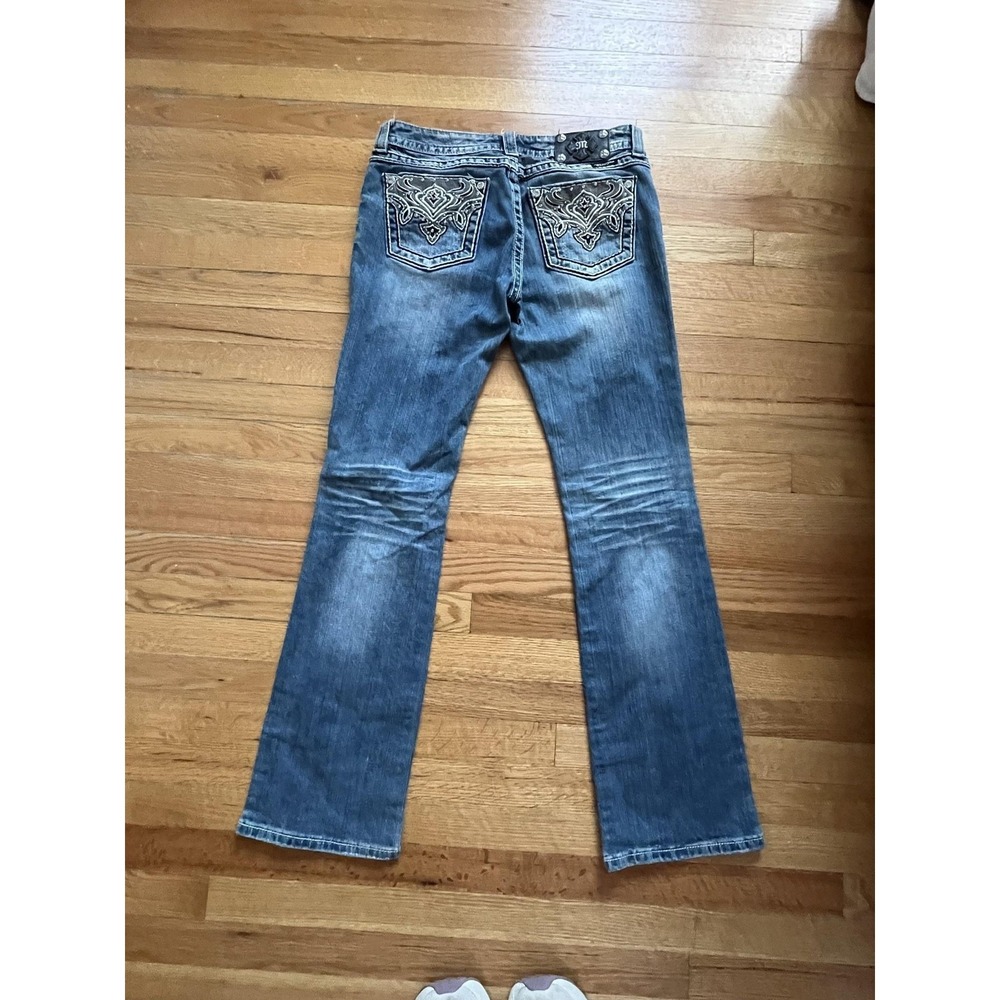 Miss Me Jeans Womens 30 Blue Medium Wash‎ Bootcut Distressed Rhinestone Pockets